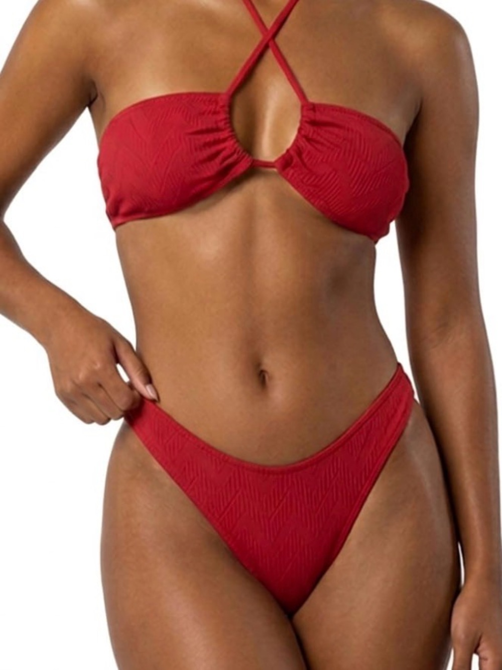 Red Textured Strappy Bandeau Bikini Set - Women Swim